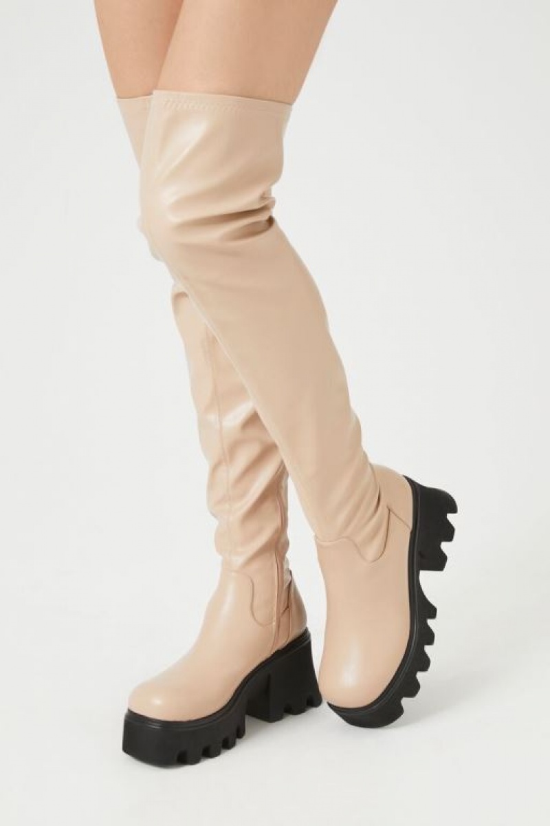 Botas Forever 21 Over The Knee Lug Sole Mujer Beige | JIikFNkAWi1