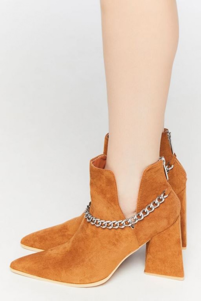 Botas Forever 21 Pointed Curb Chain Flare Heel Booties Mujer Marrones | ovcr6W5TpDh