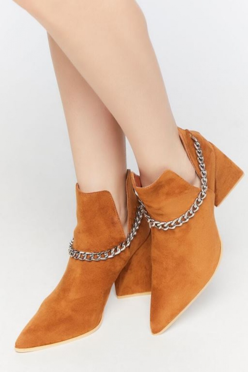 Botas Forever 21 Pointed Curb Chain Flare Heel Booties Mujer Marrones | ovcr6W5TpDh