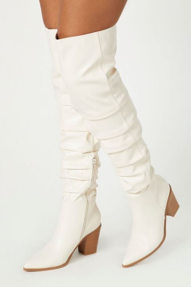 Botas Forever 21 Pointed Toe Knee High Mujer Creme | WU4S7MVlMGg