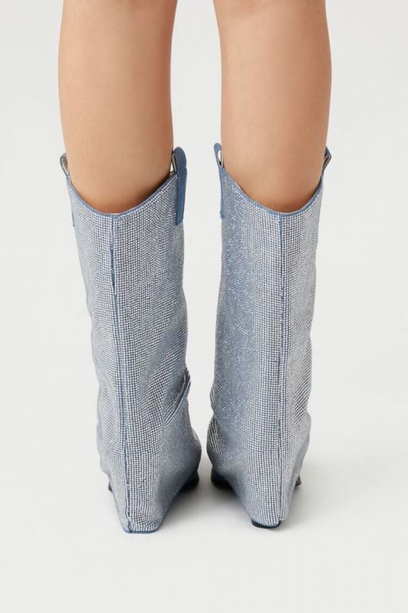 Botas Forever 21 Rhinestone Denim Mujer Azules | 5MP7vWknJBP