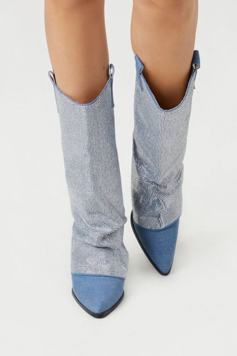 Botas Forever 21 Rhinestone Denim Mujer Azules | 5MP7vWknJBP