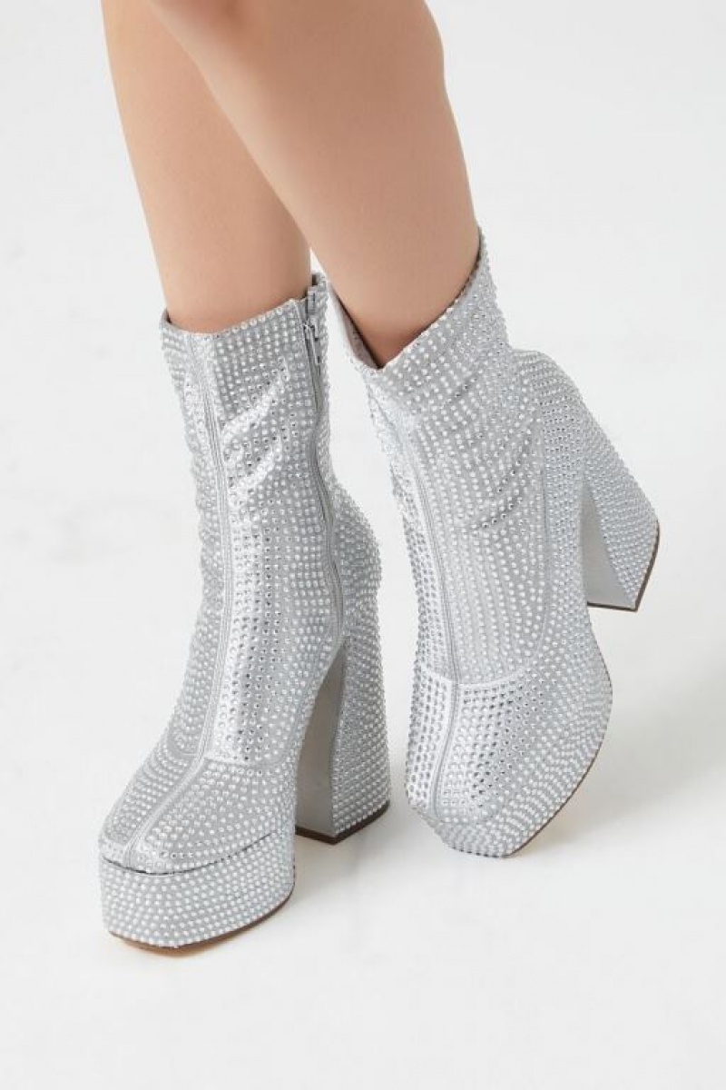 Botas Forever 21 Rhinestone Platform Block Booties Mujer Plateadas | 5WdACGAZsRM