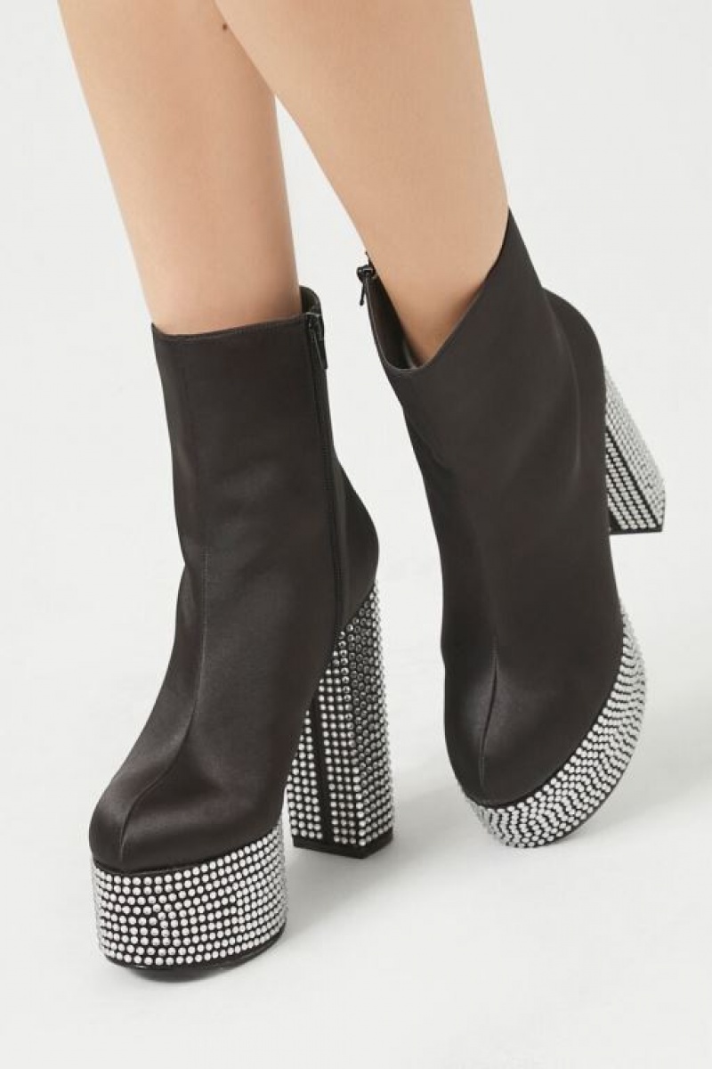 Botas Forever 21 Rhinestone Satin Block Heel Booties Mujer Negras | rVBqRqNgjxQ