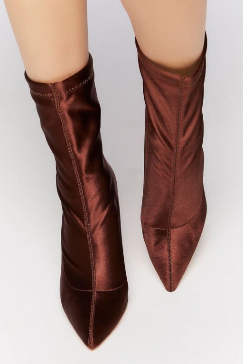 Botas Forever 21 Satin Stiletto Sock Booties Mujer Marrones | XvyaNN4Z1s3