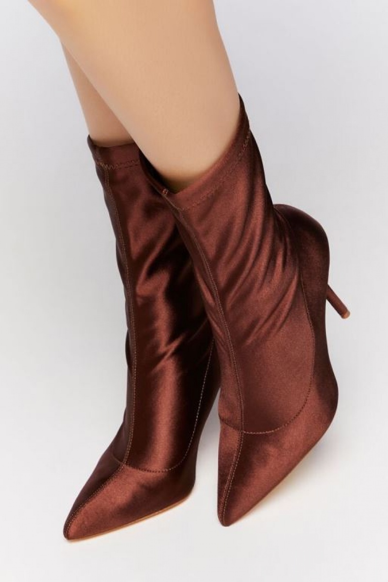 Botas Forever 21 Satin Stiletto Sock Booties Mujer Marrones | XvyaNN4Z1s3