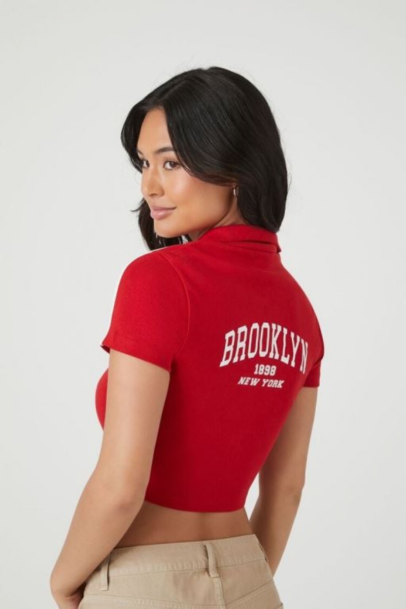 Camisa Forever 21 Acanalado Brooklyn Zip Up Estampadas Mujer Rojas Multicolor | PUazgJ6KYW8