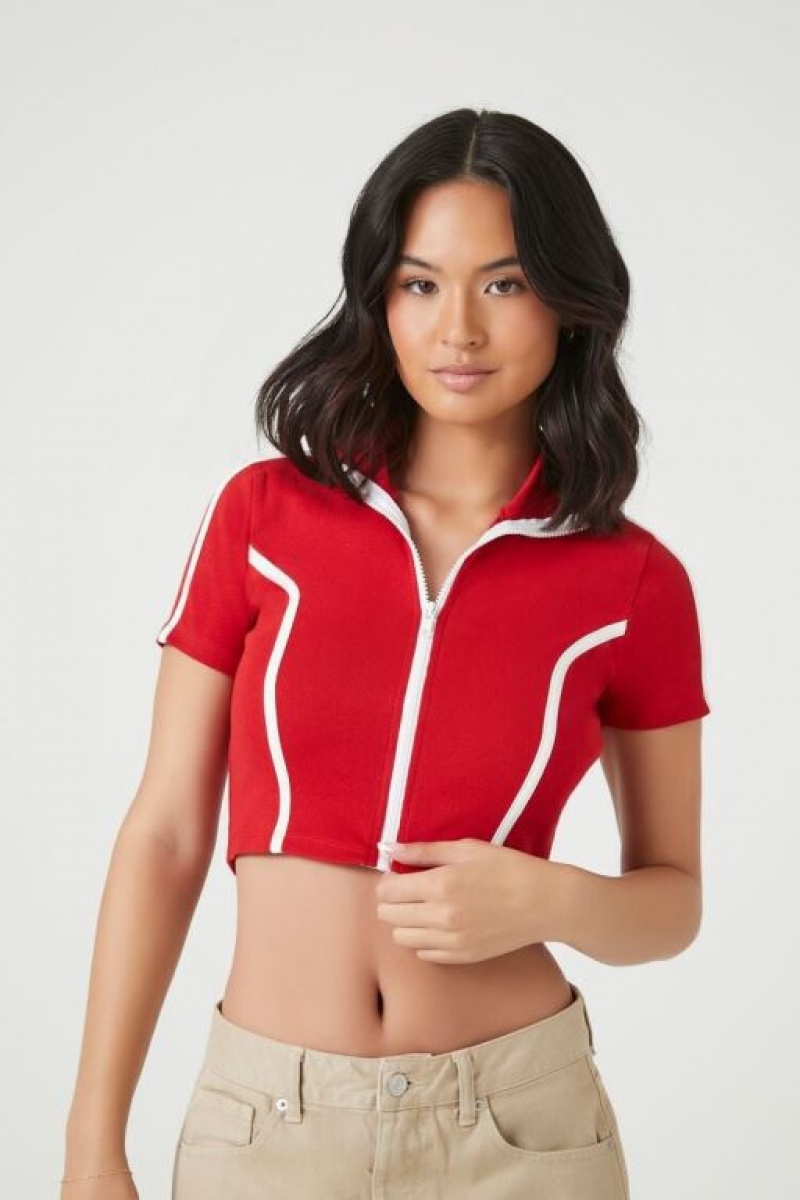 Camisa Forever 21 Acanalado Brooklyn Zip Up Estampadas Mujer Rojas Multicolor | PUazgJ6KYW8