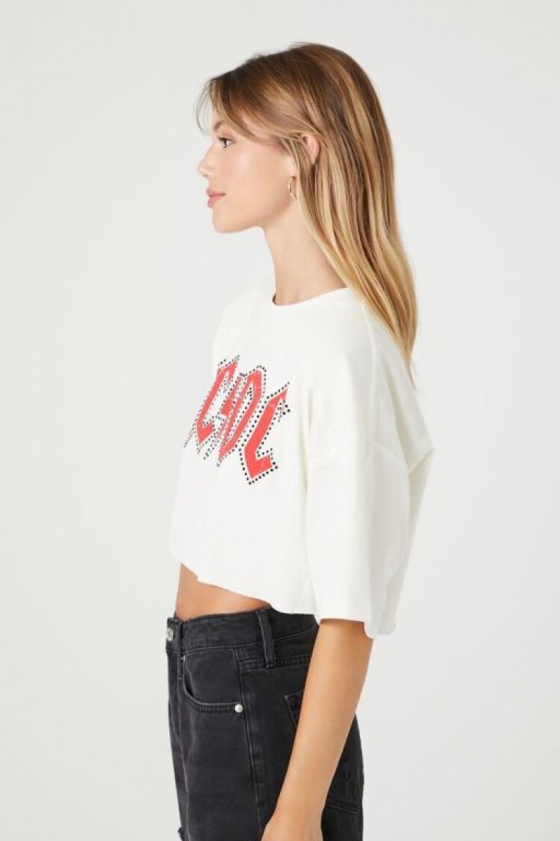 Camisa Forever 21 Acdc Cropped Estampadas Mujer Creme Multicolor | IgnMoPshKIP