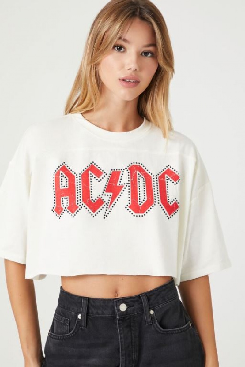 Camisa Forever 21 Acdc Cropped Estampadas Mujer Creme Multicolor | IgnMoPshKIP