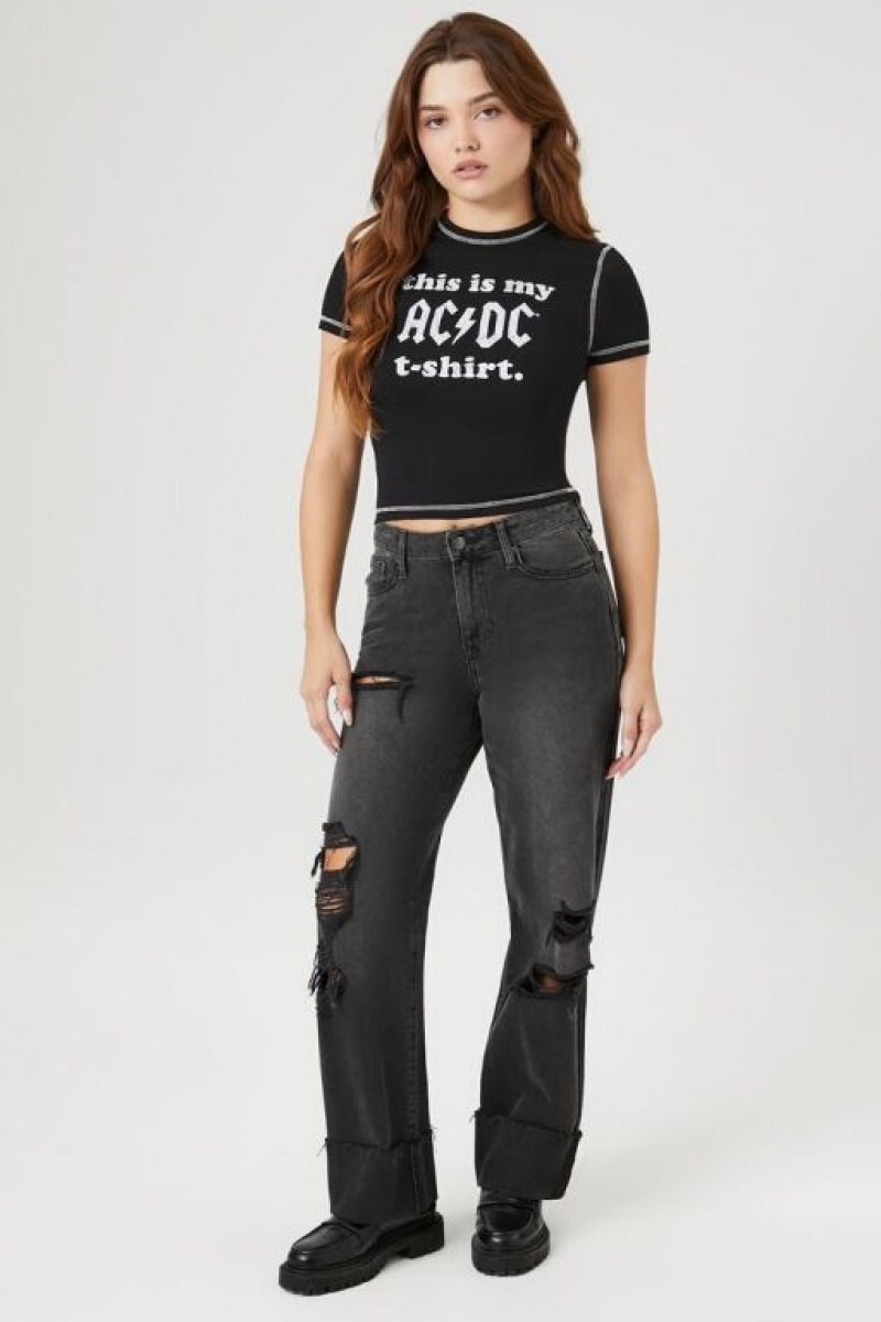 Camisa Forever 21 Acdc Estampadas Cropped Mujer Negras Blancas | DEgppskATLC