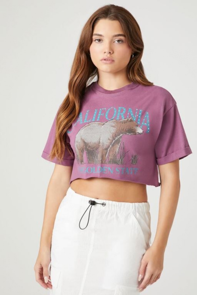 Camisa Forever 21 Cropped California Estampadas Mujer Moradas Multicolor | lTiyq6GZ70a