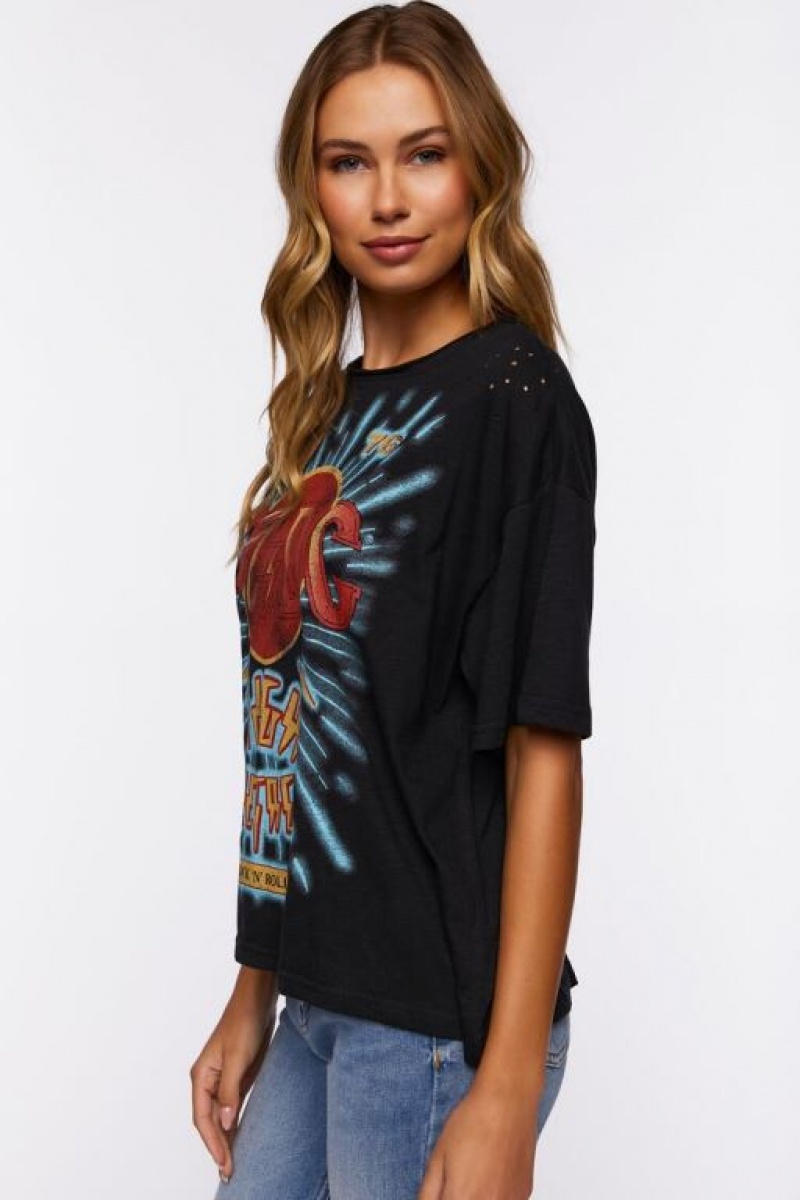 Camisa Forever 21 Distressed Acdc Estampadas Mujer Negras Multicolor | YOiODxnJ5QU