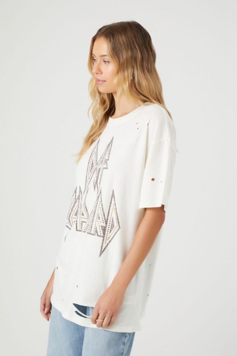 Camisa Forever 21 Distressed Def Leppard Estampadas Mujer Creme Multicolor | eFS9XdicfGS