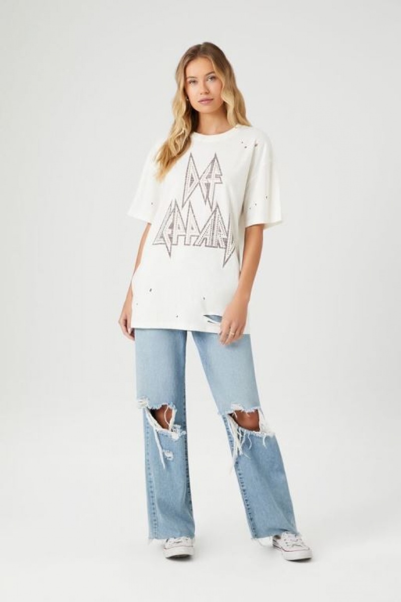 Camisa Forever 21 Distressed Def Leppard Estampadas Mujer Creme Multicolor | eFS9XdicfGS