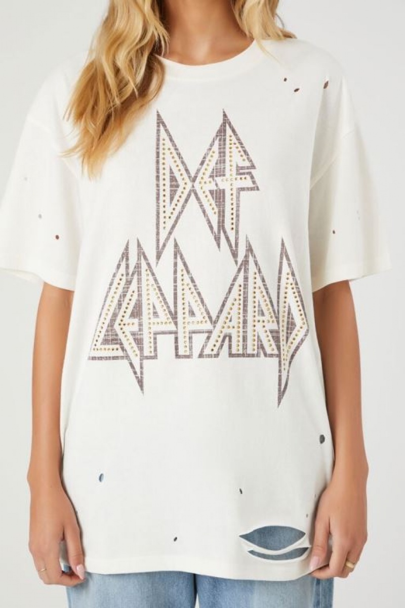 Camisa Forever 21 Distressed Def Leppard Estampadas Mujer Creme Multicolor | eFS9XdicfGS