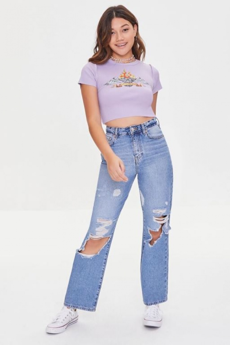 Camisa Forever 21 Drive Me Mad Estampadas Cropped Mujer Moradas Multicolor | hJaLMKhU9sj