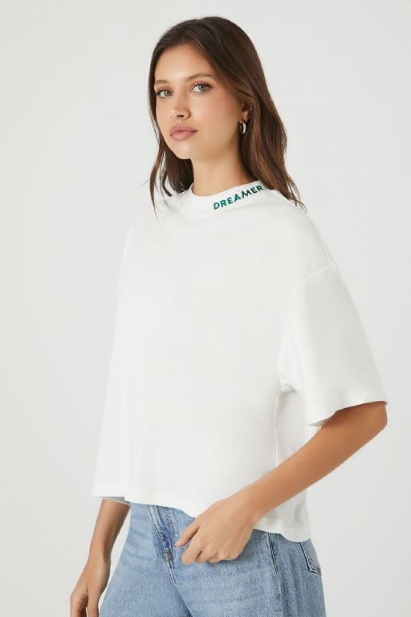 Camisa Forever 21 Embroidered Dreamer Mujer Creme Verde | 9wsg7xAK5n8