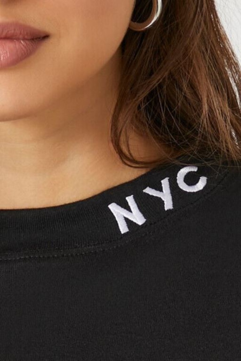 Camisa Forever 21 Embroidered Nyc Cropped Mujer Negras Blancas | ib9gZm1Hf5u