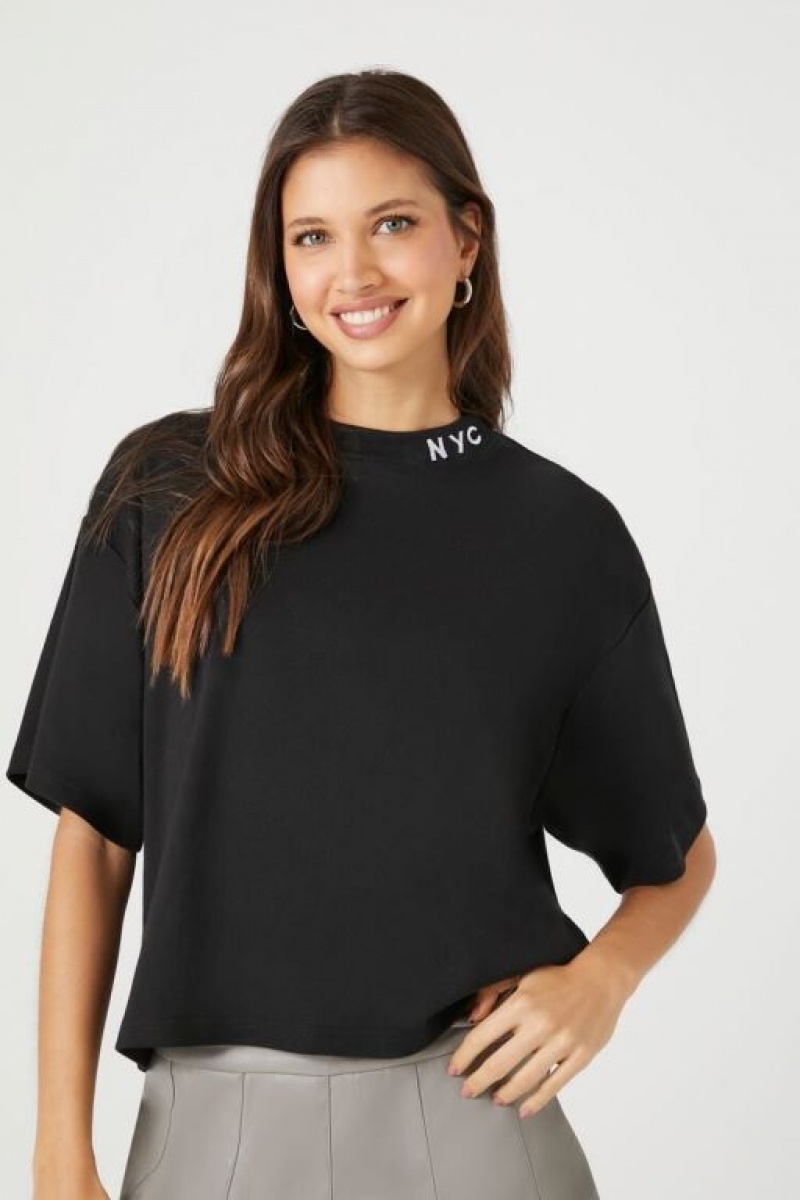 Camisa Forever 21 Embroidered Nyc Cropped Mujer Negras Blancas | ib9gZm1Hf5u