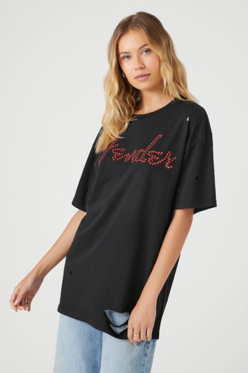 Camisa Forever 21 Fender Rhinestone Distressed Estampadas Mujer Negras Multicolor | 5UvUoBxiS9Q