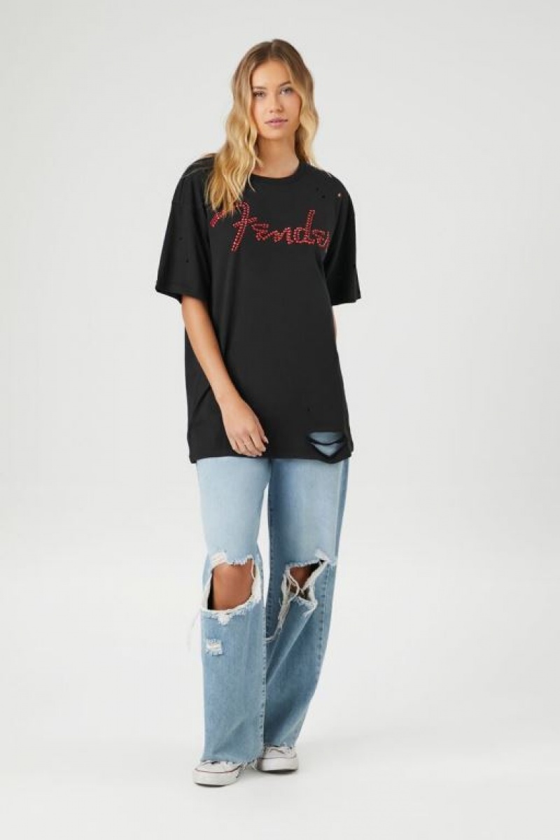 Camisa Forever 21 Fender Rhinestone Distressed Estampadas Mujer Negras Multicolor | 5UvUoBxiS9Q