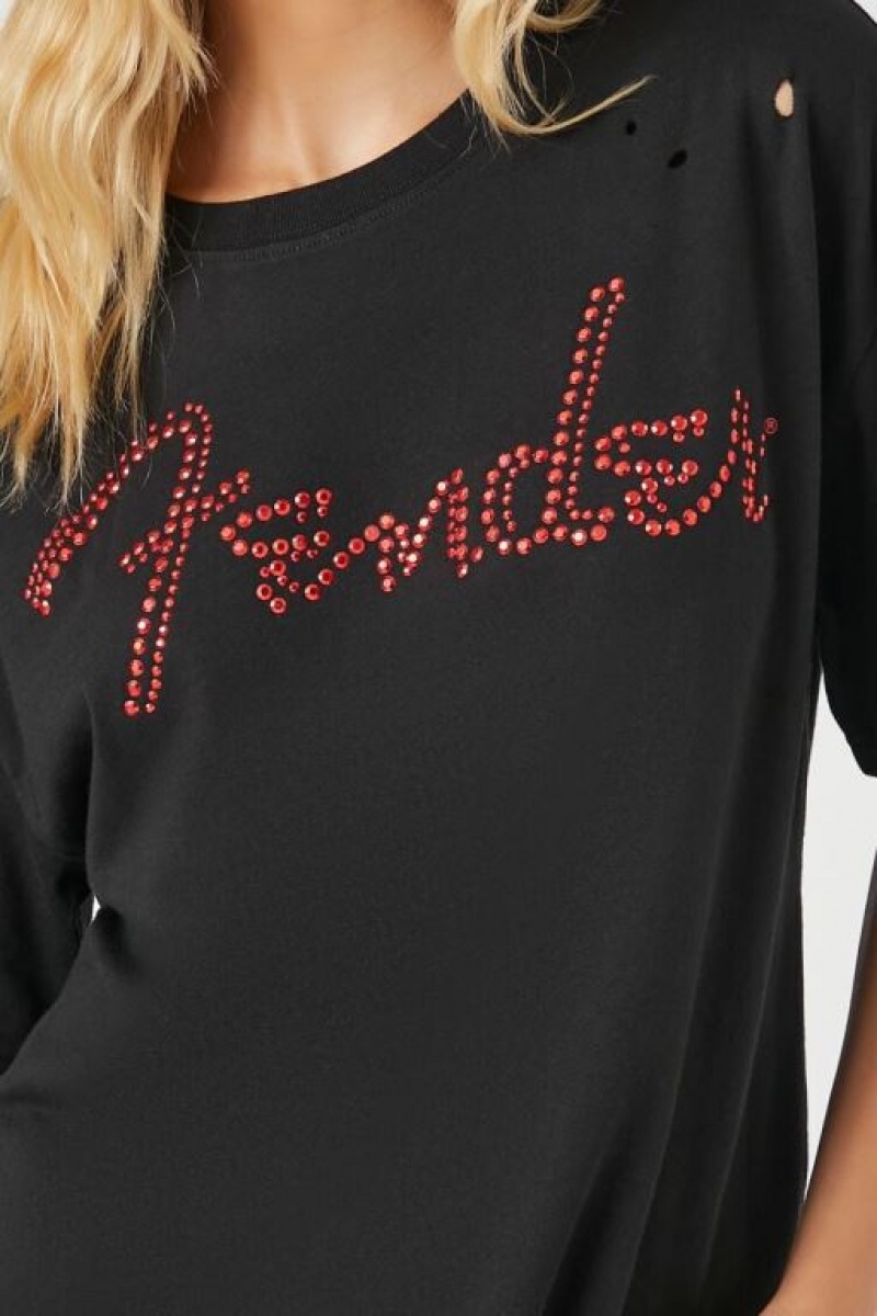 Camisa Forever 21 Fender Rhinestone Distressed Estampadas Mujer Negras Multicolor | 5UvUoBxiS9Q