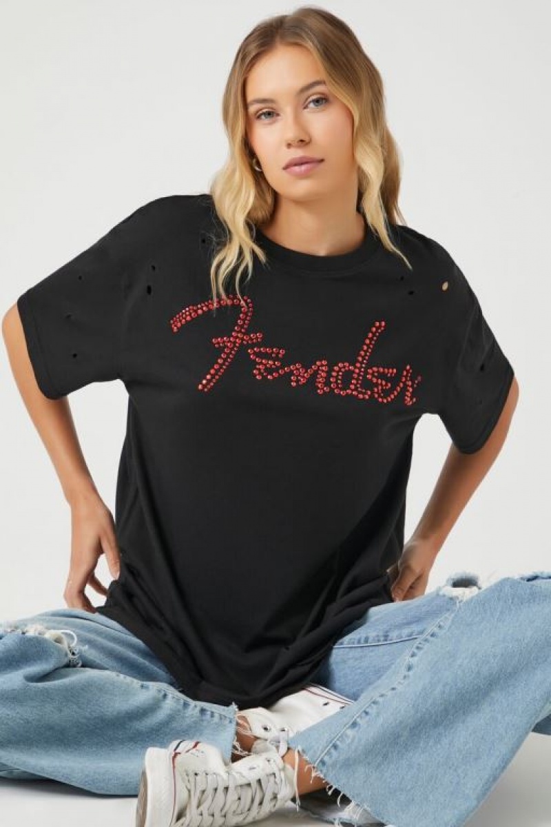 Camisa Forever 21 Fender Rhinestone Distressed Estampadas Mujer Negras Multicolor | 5UvUoBxiS9Q