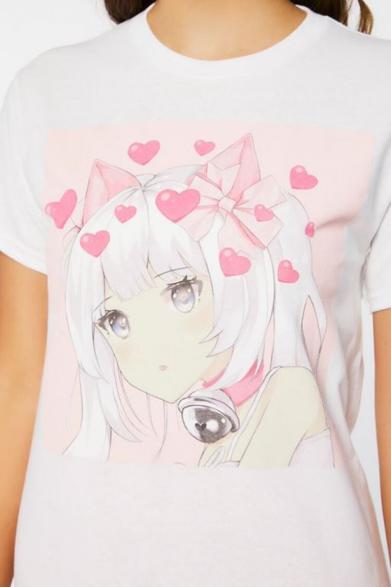 Camisa Forever 21 Heart Anime Girl Estampadas Mujer Blancas | 83cY6UWzro6