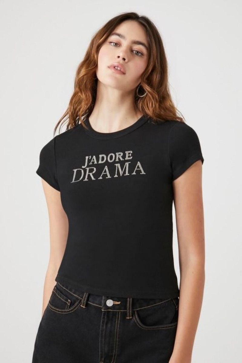 Camisa Forever 21 Jadore Drama Estampadas Baby Mujer Negras Plateadas | SHwjbgMyBZC