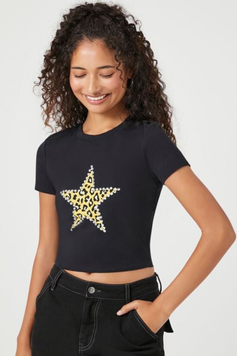 Camisa Forever 21 Leopard Star Estampadas Cropped Mujer Negras Multicolor | 4gn58PybOtA