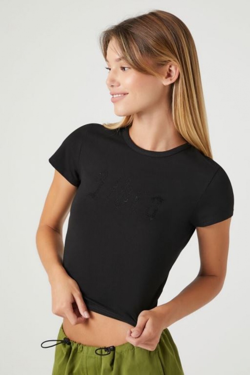 Camisa Forever 21 Libra Rhinestone Cropped Mujer Negras Plateadas | e1m9oHHNA8p