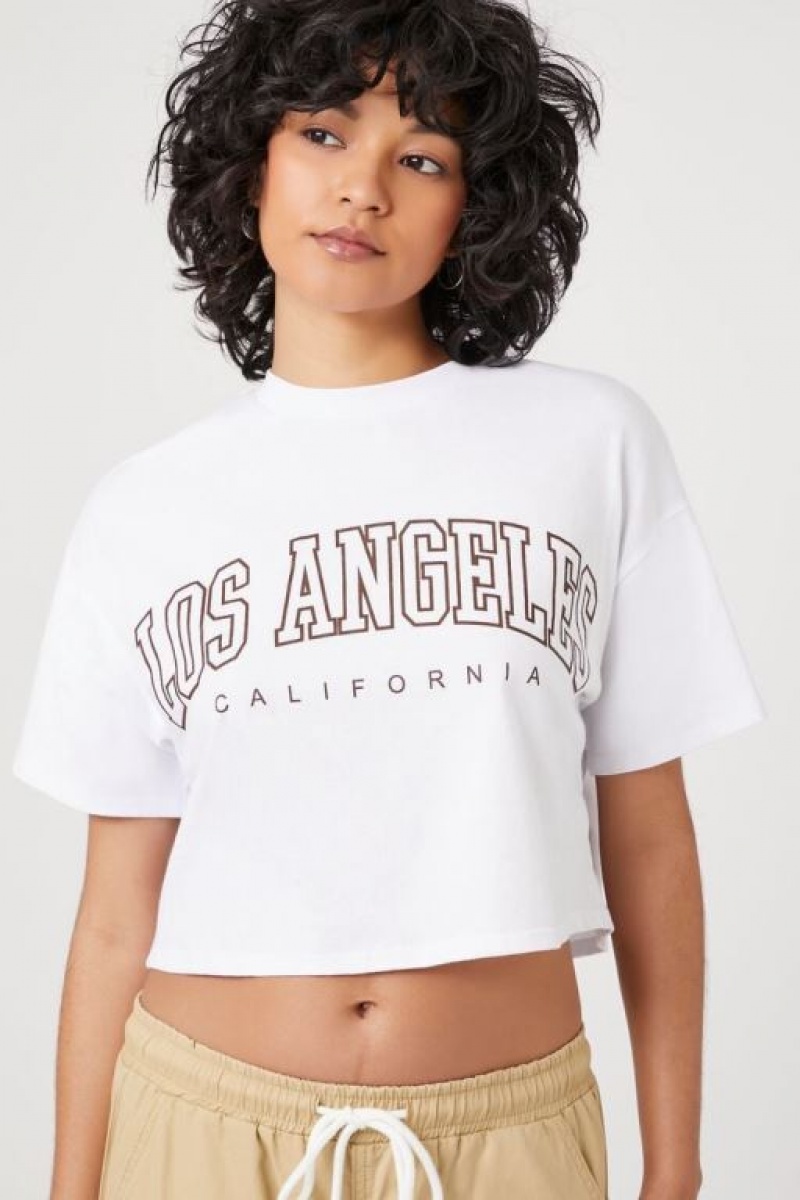 Camisa Forever 21 Los Angeles Estampadas Cropped Mujer Blancas Negras | L5SePGNrFOO