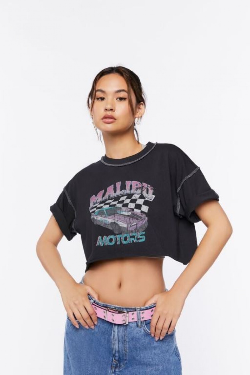 Camisa Forever 21 Malibu Motors Estampadas Raw Cut Mujer Negras Multicolor | g42g20ZYueS