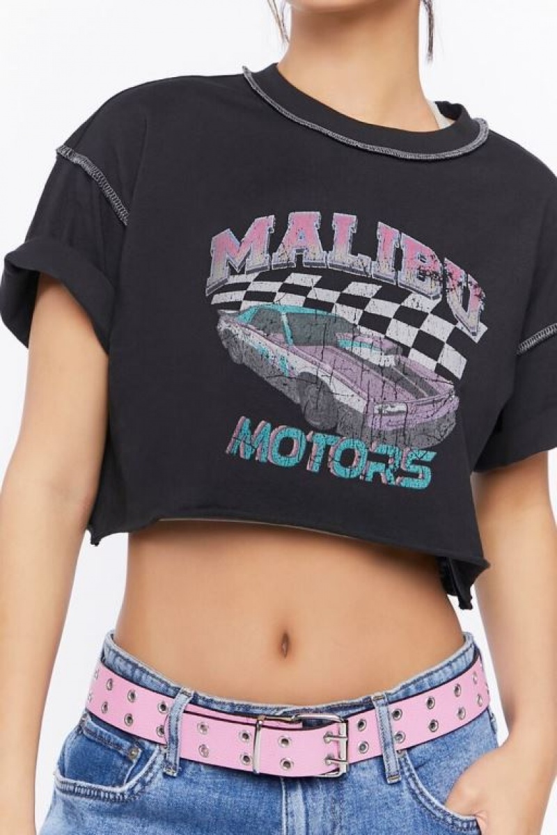 Camisa Forever 21 Malibu Motors Estampadas Raw Cut Mujer Negras Multicolor | g42g20ZYueS