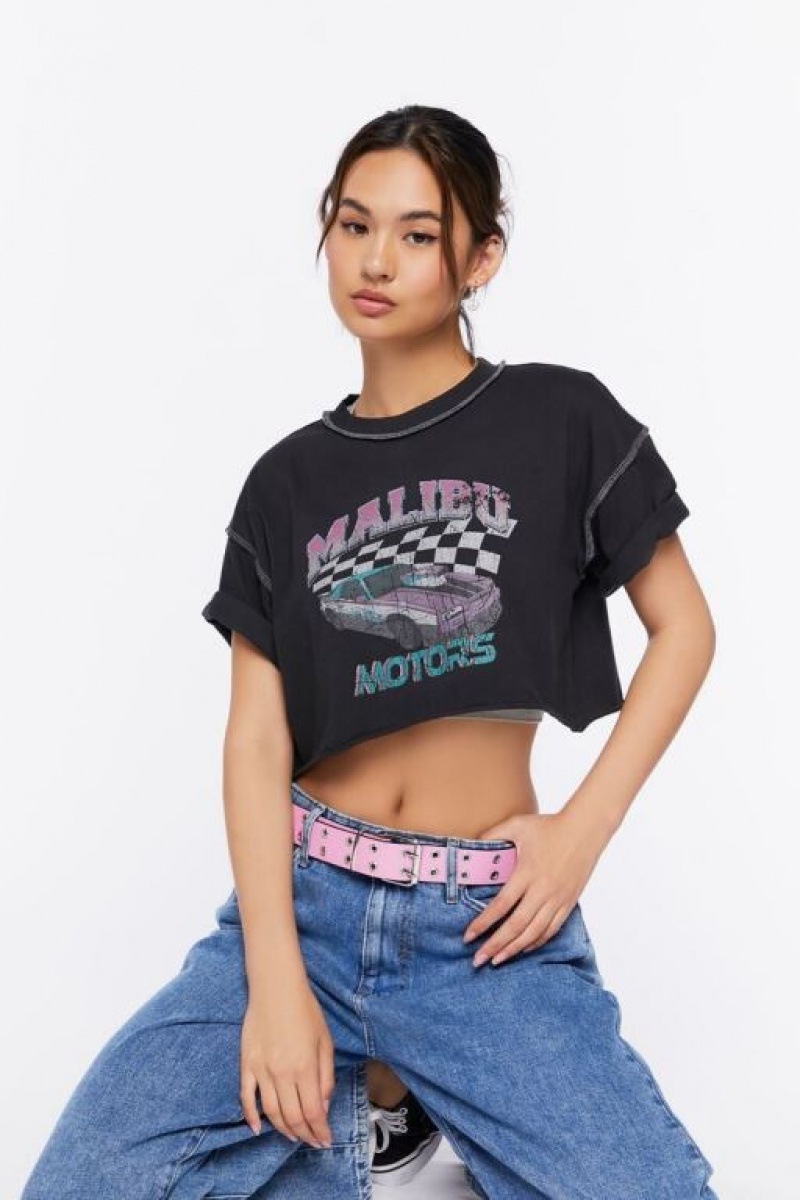 Camisa Forever 21 Malibu Motors Estampadas Raw Cut Mujer Negras Multicolor | g42g20ZYueS