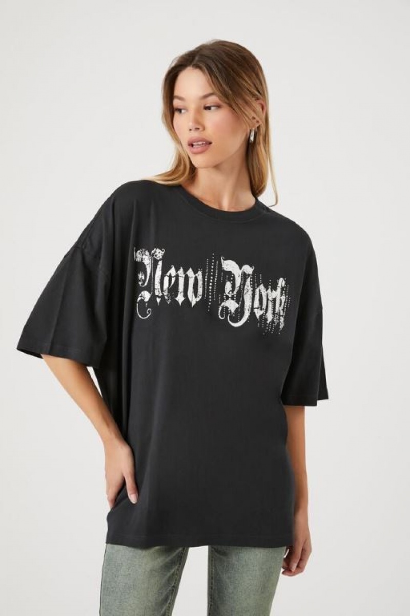 Camisa Forever 21 New York Estampadas Oversized Mujer Negras Blancas | 10kv5oEV4Il