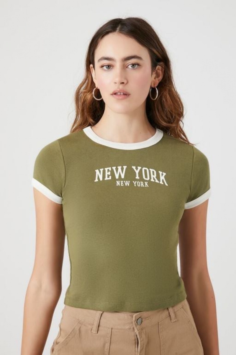 Camisa Forever 21 New York Estampadas Ringer Mujer Verde Oliva Creme | awmO3KX0lXp