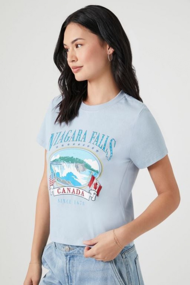 Camisa Forever 21 Niagara Falls Estampadas Mujer Azules Multicolor | eEu5ZptQSJP