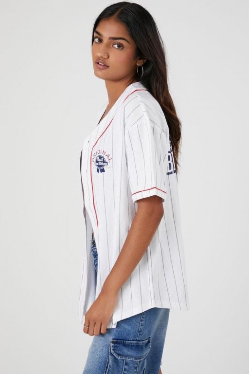 Camisa Forever 21 Pabst Blue Ribbon Baseball Jersey Mujer Blancas Multicolor | GWCpbGD5Euj