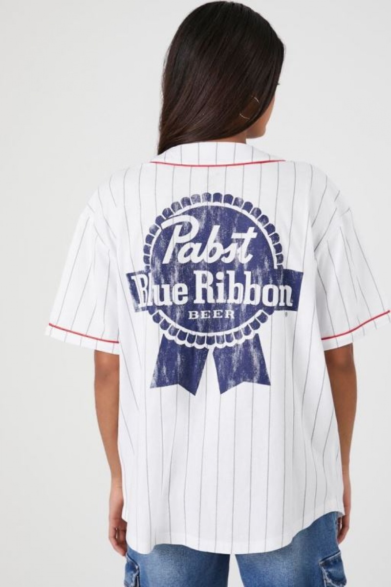 Camisa Forever 21 Pabst Blue Ribbon Baseball Jersey Mujer Blancas Multicolor | GWCpbGD5Euj