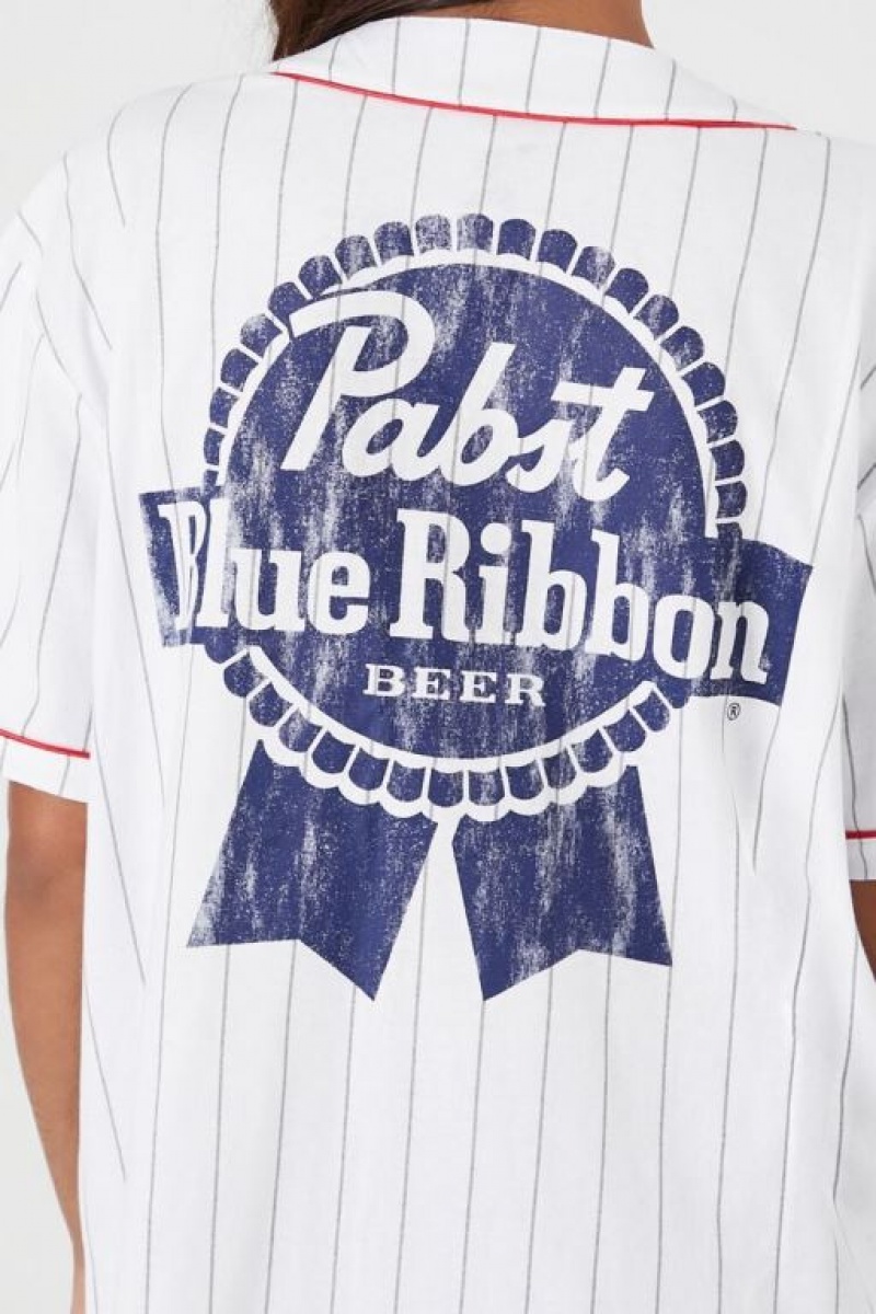 Camisa Forever 21 Pabst Blue Ribbon Baseball Jersey Mujer Blancas Multicolor | GWCpbGD5Euj