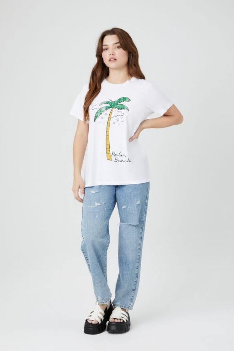 Camisa Forever 21 Palm Beach Estampadas Mujer Blancas Multicolor | 9qlyw35ZUF6