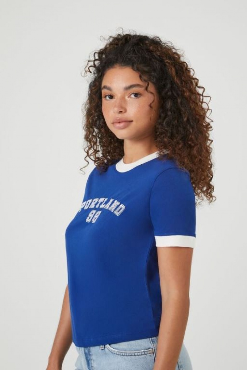 Camisa Forever 21 Portland Ringer Mujer Azules Oscuro Blancas | UN1LOGIzU5p