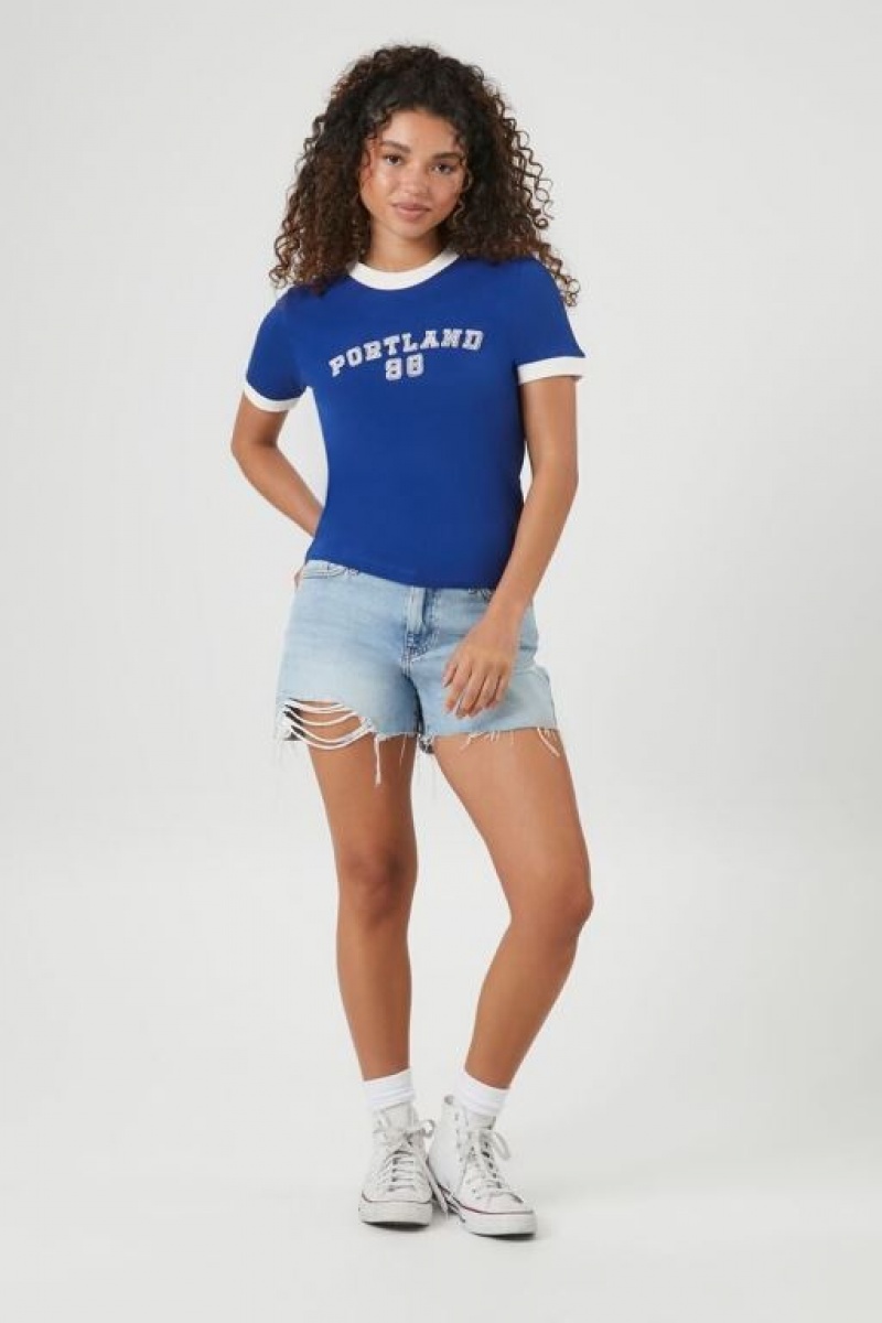 Camisa Forever 21 Portland Ringer Mujer Azules Oscuro Blancas | UN1LOGIzU5p