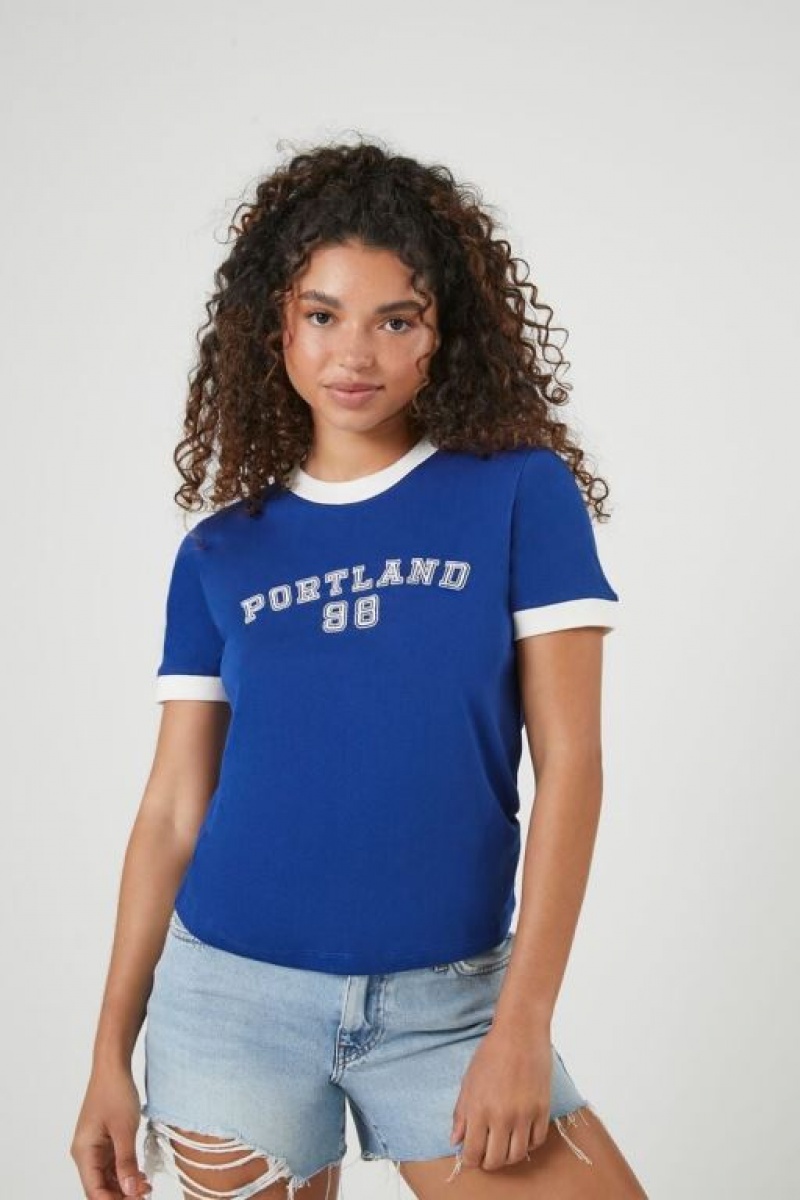 Camisa Forever 21 Portland Ringer Mujer Azules Oscuro Blancas | UN1LOGIzU5p