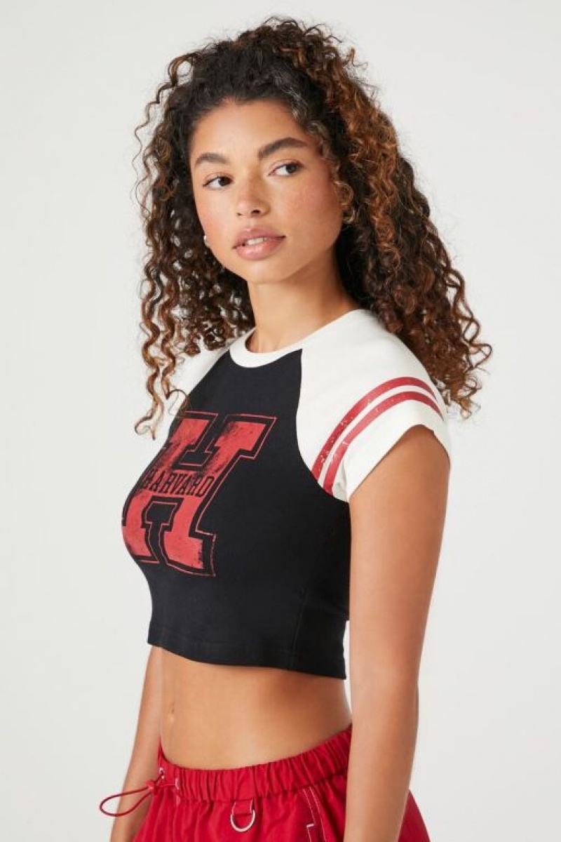 Camisa Forever 21 Raglan Harvard Estampadas Baby Mujer Negras Multicolor | APhcq1r184p