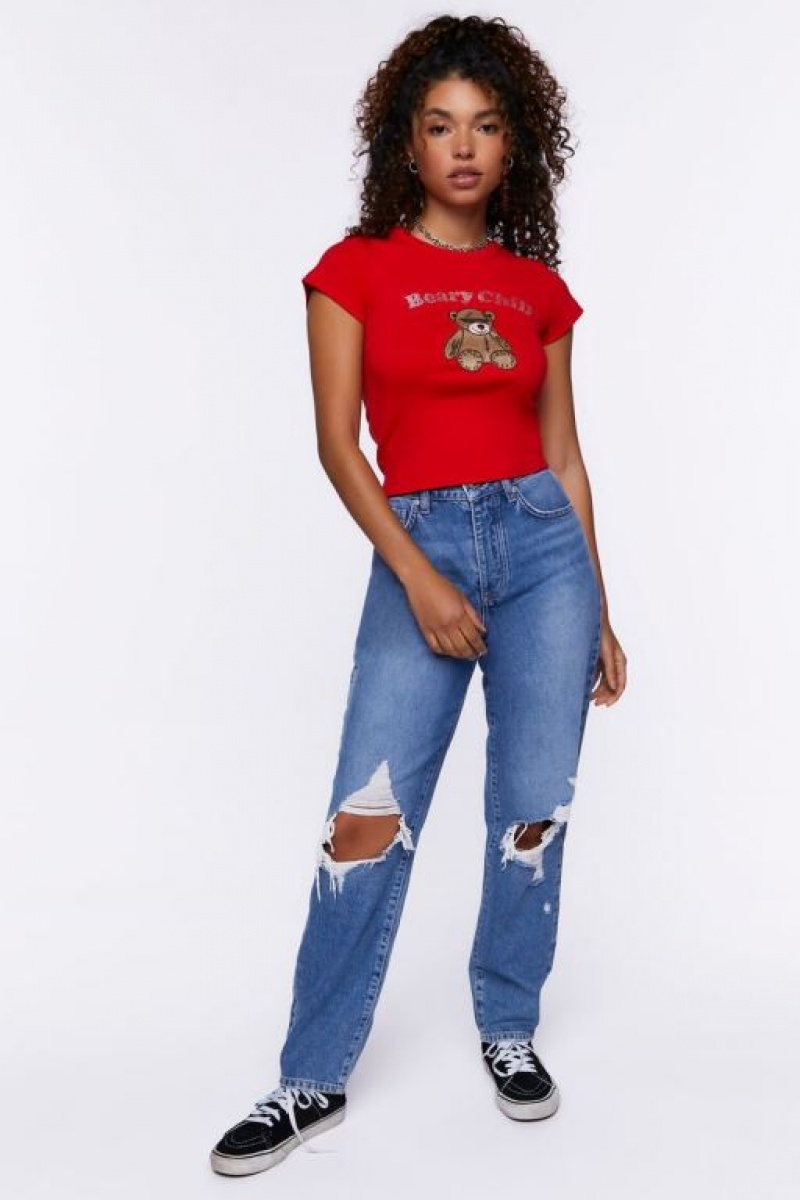 Camisa Forever 21 Rhinestone Beary Chill Estampadas Mujer Rojas Multicolor | 1rhlzRC25FI