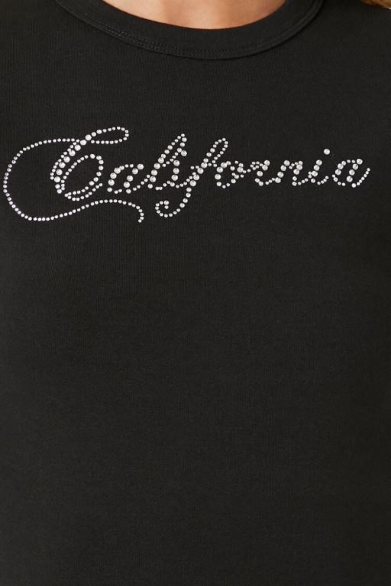 Camisa Forever 21 Rhinestone California Cropped Mujer Negras Plateadas | YNuJ586gW7r