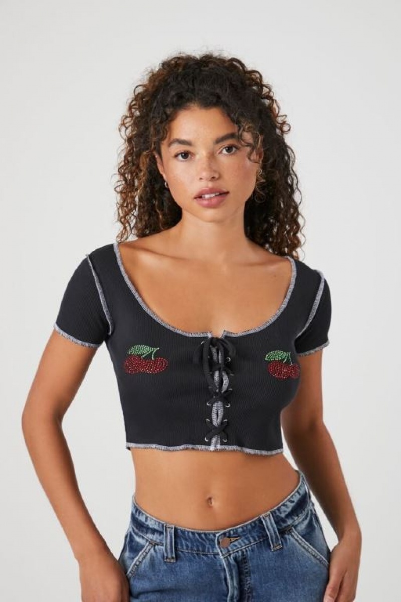 Camisa Forever 21 Rhinestone Cherry Crop Mujer Negras Multicolor | s3vdXCkV731